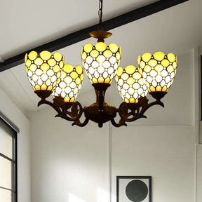 Tiffany Style Beige Glass Chandelier 5-Light Fixture With Black Suspension