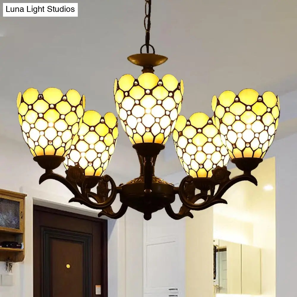 Tiffany Style Beige Glass Chandelier 5-Light Fixture With Black Suspension
