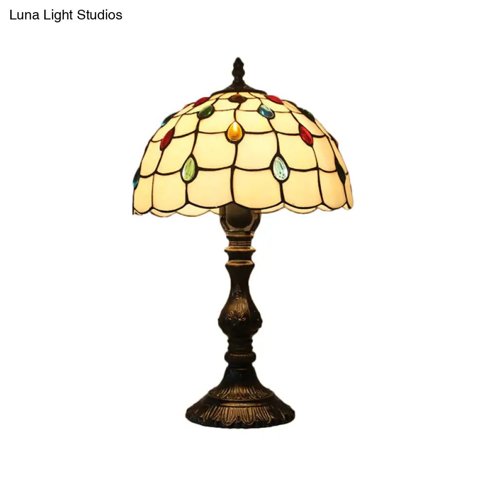 Tiffany Style Beige Glass Jewelry Night Table Lamp With Black Nightstand Base