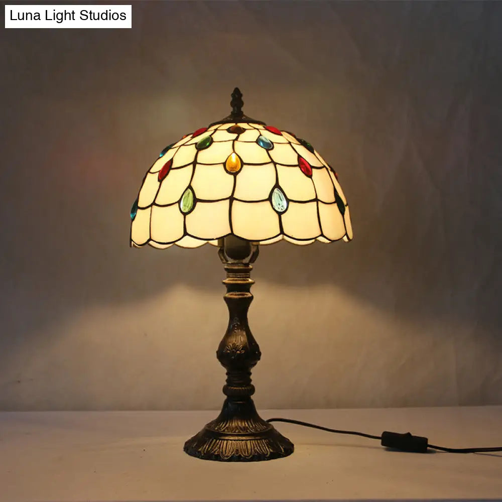 Tiffany Style Beige Glass Jewelry Night Table Lamp With Black Nightstand Base