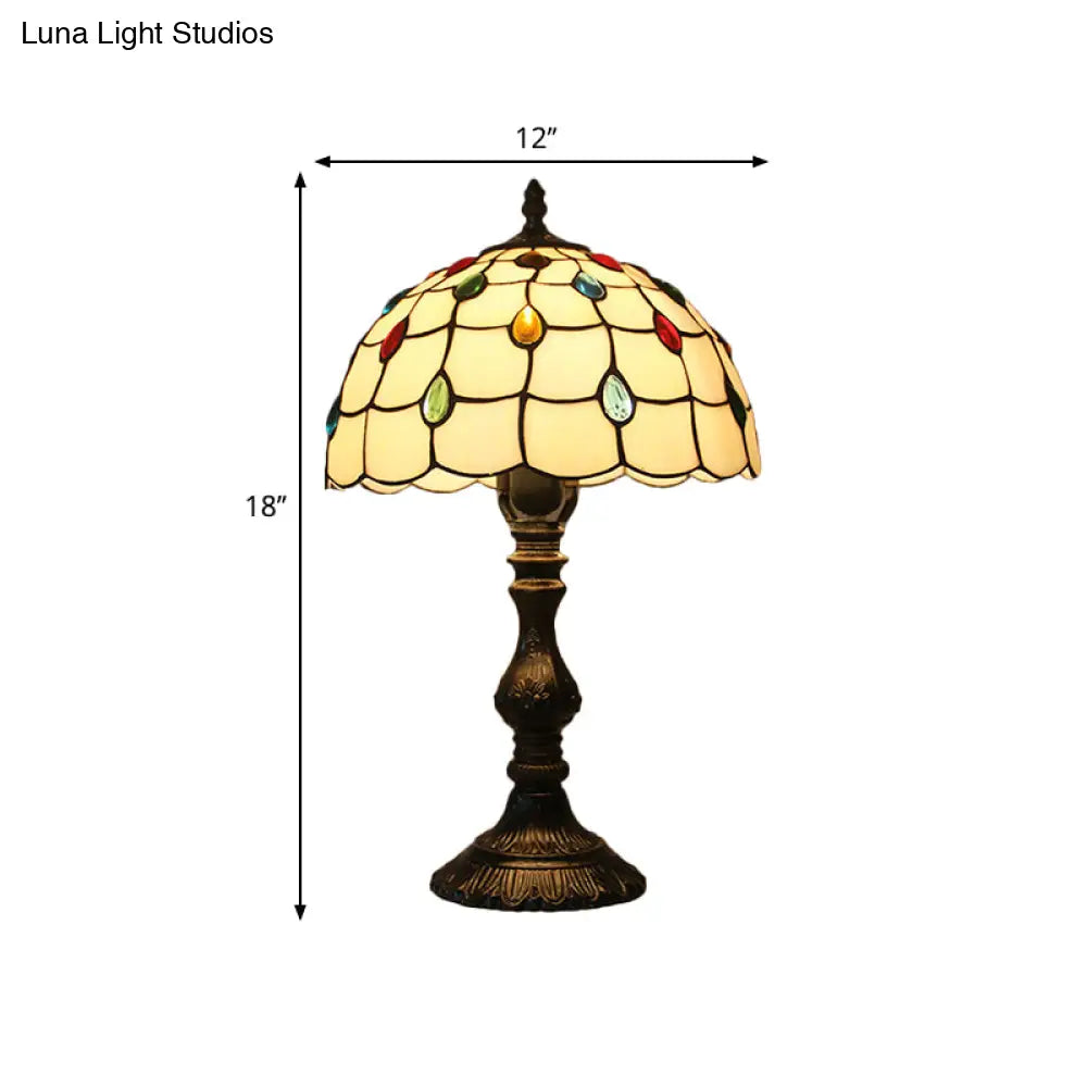 Tiffany Style Beige Glass Jewelry Night Table Lamp With Black Nightstand Base