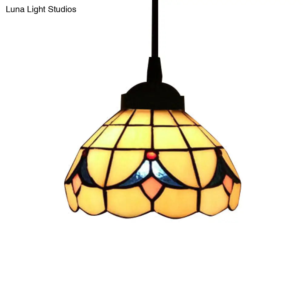 Tiffany-Style Beige Stained Glass Ceiling Lamp: 1-Head Pendant Light Kit (6’/8’ Wide Flare)