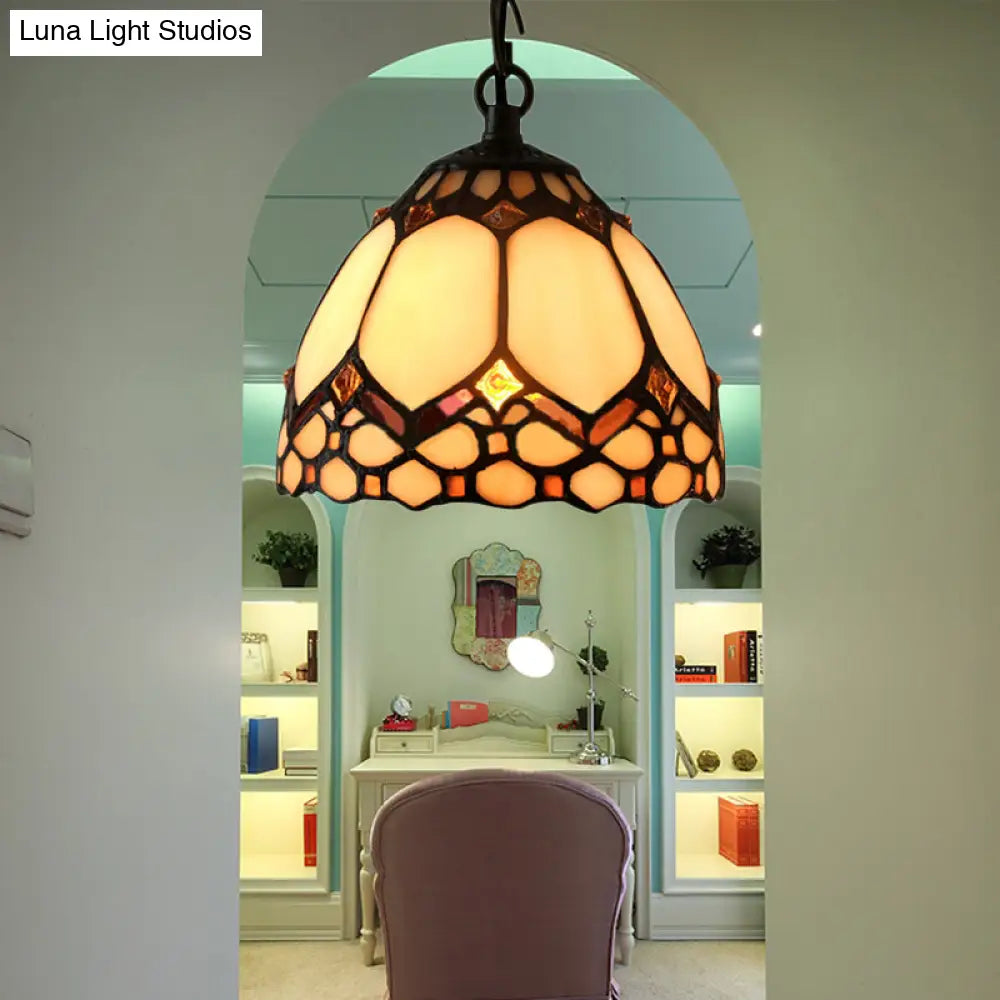 Tiffany-Style Beige Stained Glass Pendant Lamp - 1 Bulb Dome Down Lighting Suspension For Entryway