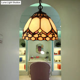 Tiffany-Style Beige Stained Glass Pendant Lamp - 1 Bulb Dome Down Lighting Suspension For Entryway