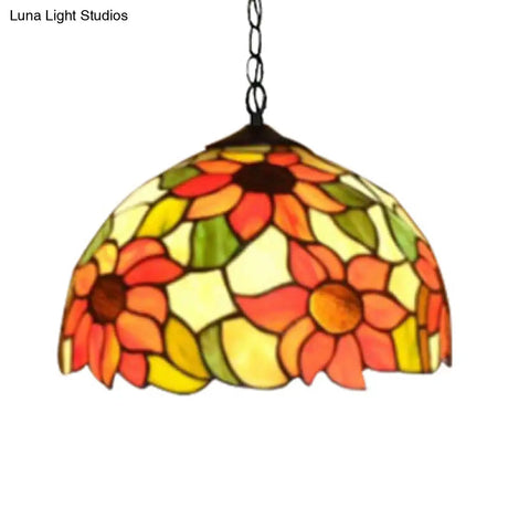 Tiffany-Style Black Hand Cut Glass Pendant Ceiling Light With Sunflower Pattern – 12’/16’