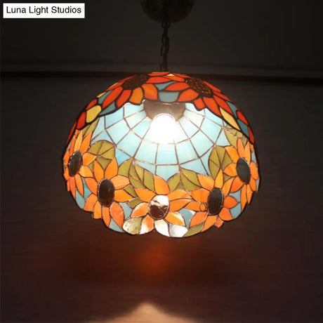 Tiffany-Style Black Hand Cut Glass Pendant Ceiling Light With Sunflower Pattern – 12’/16’