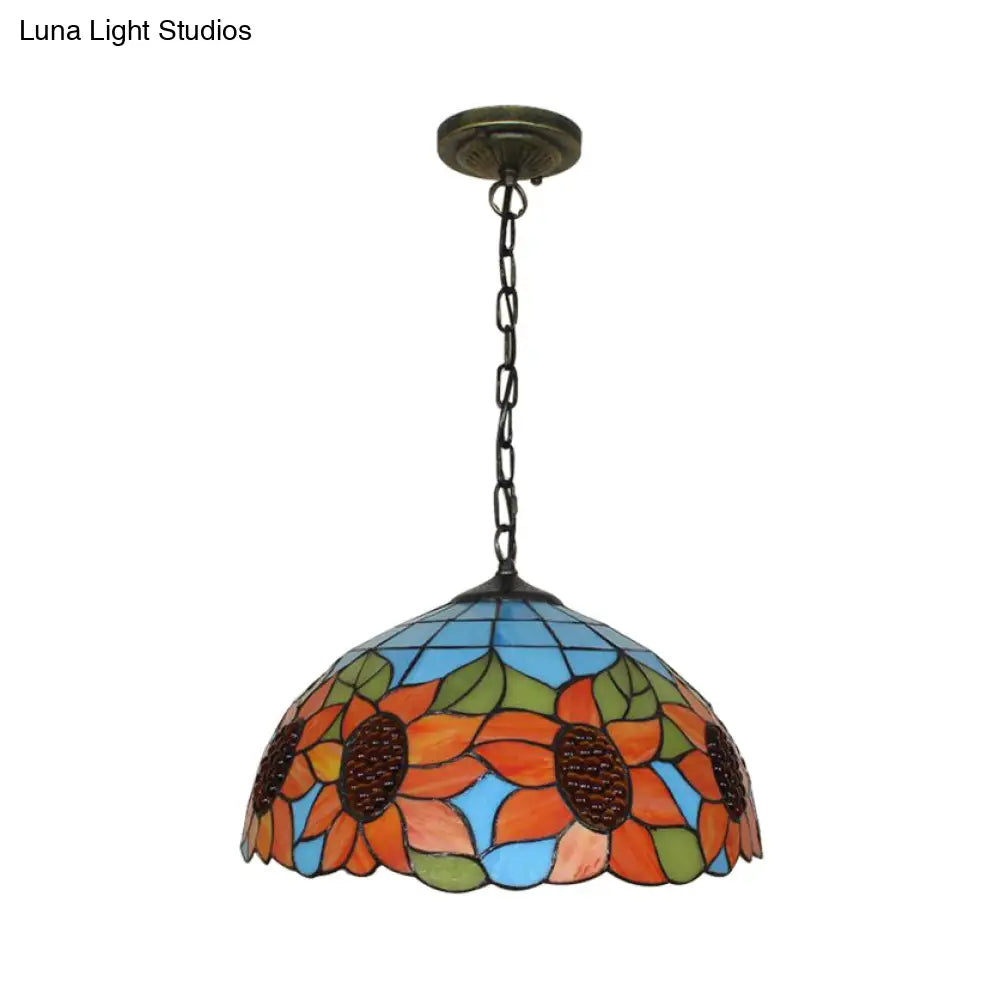 Tiffany-Style Black Hand Cut Glass Pendant Ceiling Light With Sunflower Pattern – 12’/16’