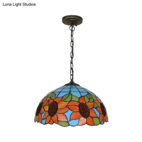 Tiffany-Style Black Hand Cut Glass Pendant Ceiling Light With Sunflower Pattern – 12’/16’