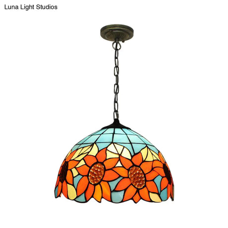 Tiffany-Style Black Hand Cut Glass Pendant Ceiling Light With Sunflower Pattern – 12’/16’
