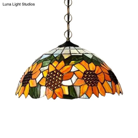 Tiffany-Style Black Hand Cut Glass Pendant Ceiling Light With Sunflower Pattern – 12’/16’