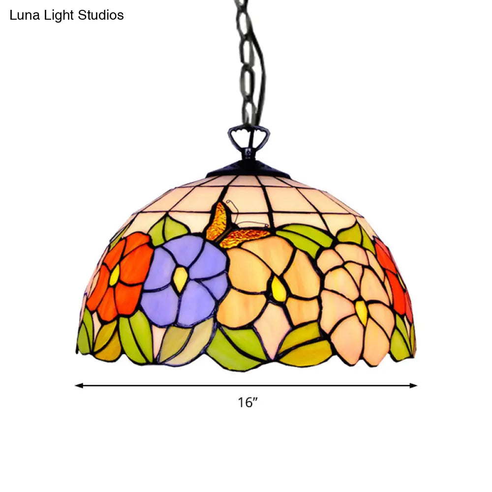 Tiffany-Style Black Stained Glass Hemisphere Ceiling Light With Down Lighting 12’/16’ Wide