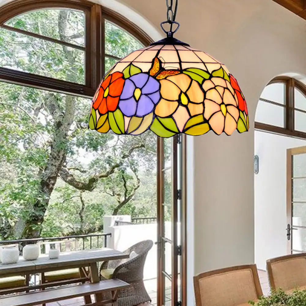 Tiffany-Style Black Stained Glass Hemisphere Ceiling Light With Down Lighting 12’/16’ Wide / 16’