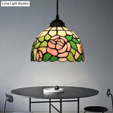 Tiffany Style Blossom Pendant Light Fixture Red/Pink/Green Cut Glass Bronze Down Lighting For