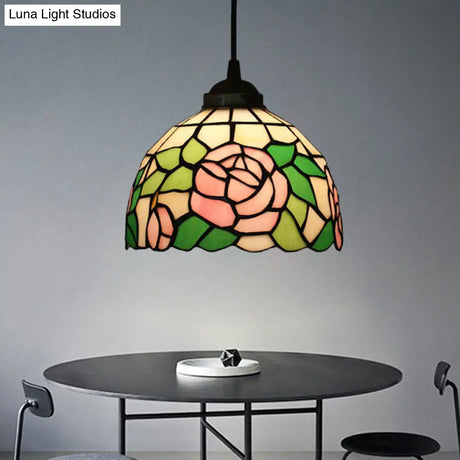 Tiffany Style Blossom Pendant Light Fixture Red/Pink/Green Cut Glass Bronze Down Lighting For