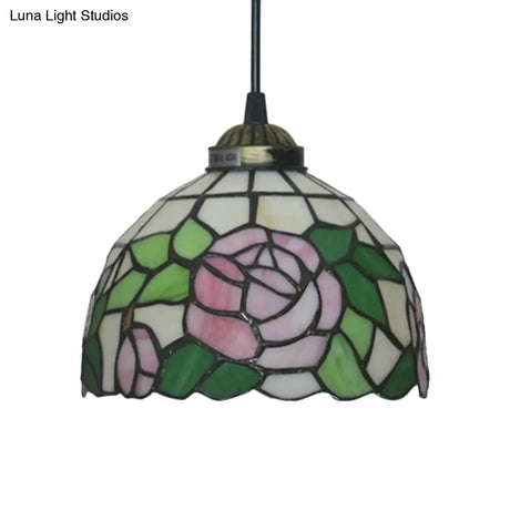 Tiffany Style Blossom Pendant Light Fixture Red/Pink/Green Cut Glass Bronze Down Lighting For