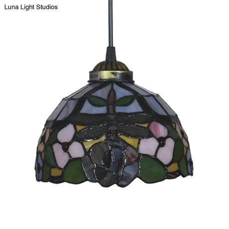 Tiffany Style Blossom Pendant Light Fixture Red/Pink/Green Cut Glass Bronze Down Lighting For
