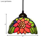 Tiffany Style Blossom Pendant Light Fixture Red/Pink/Green Cut Glass Bronze Down Lighting For