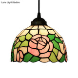 Tiffany Style Blossom Pendant Light Fixture Red/Pink/Green Cut Glass Bronze Down Lighting For