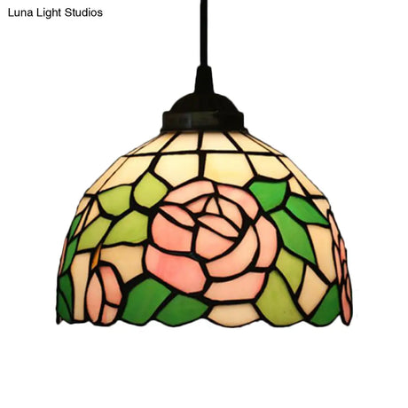 Tiffany Style Blossom Pendant Light Fixture Red/Pink/Green Cut Glass Bronze Down Lighting For