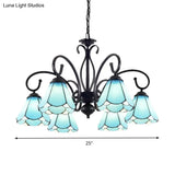 Tiffany Style Blue Glass Chandelier With Black Frame And Multiple Lights