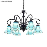 Tiffany Style Blue Glass Chandelier With Black Frame And Multiple Lights