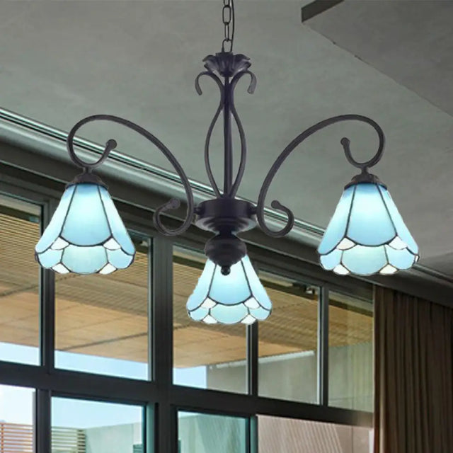 Tiffany Style Blue Glass Chandelier With Black Frame And Multiple Lights 3 /