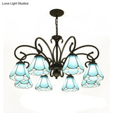 Tiffany Style Blue Glass Chandelier With Black Frame And Multiple Lights