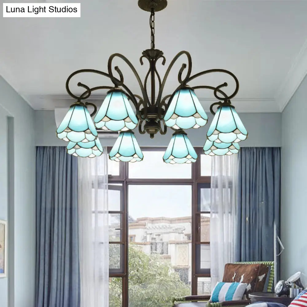 Tiffany Style Blue Glass Chandelier With Black Frame And Multiple Lights