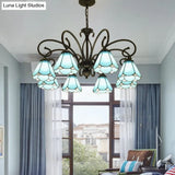 Tiffany Style Blue Glass Chandelier With Black Frame And Multiple Lights