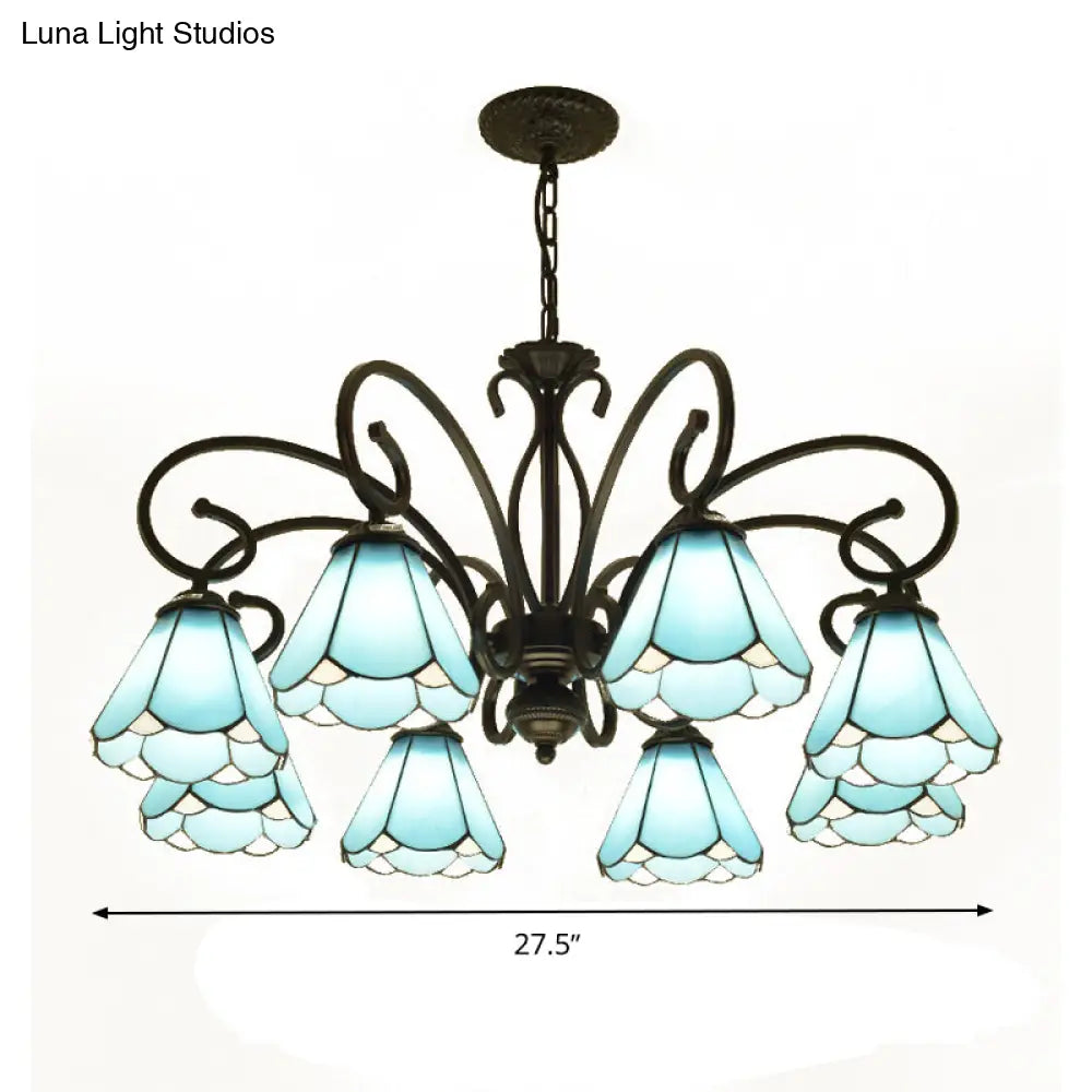 Tiffany Style Blue Glass Chandelier With Black Frame And Multiple Lights