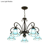 Tiffany Style Blue Glass Chandelier With Black Frame And Multiple Lights