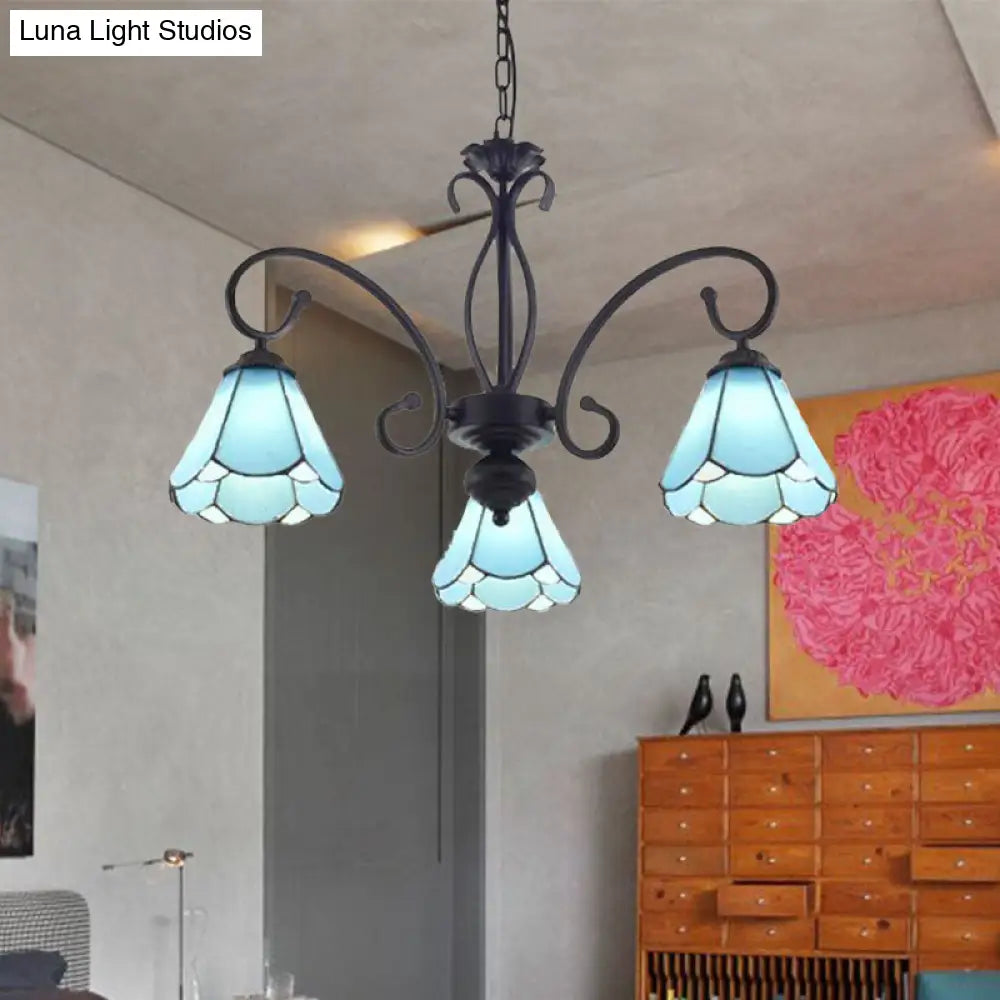 Tiffany Style Blue Glass Chandelier With Black Frame And Multiple Lights