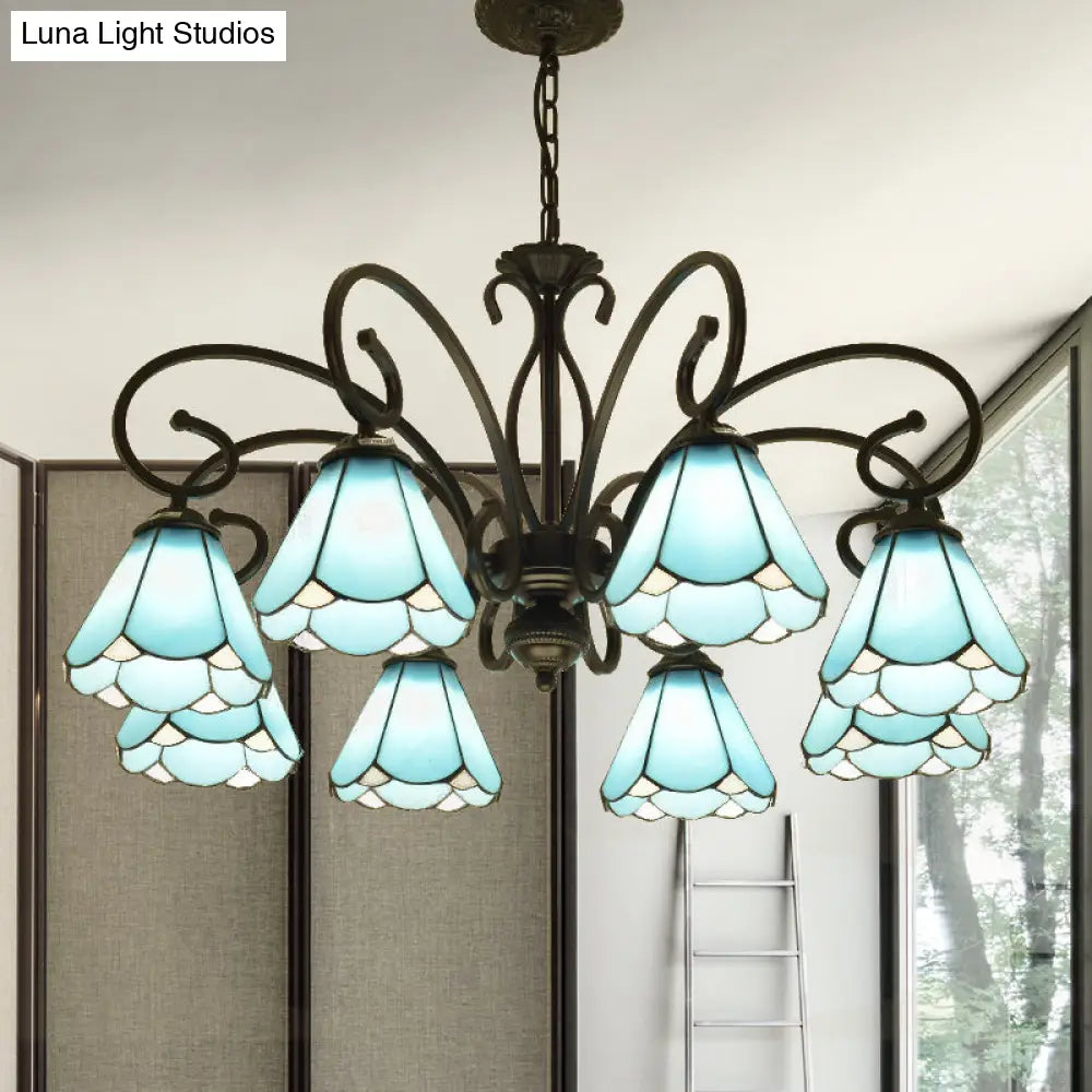 Tiffany Style Blue Glass Chandelier With Black Frame And Multiple Lights