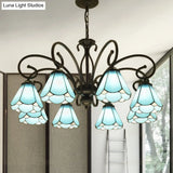 Tiffany Style Blue Glass Chandelier With Black Frame And Multiple Lights