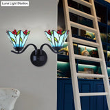 Tiffany Style Blue Glass Lily Sconce Light Fixture - 2 Head Black Wall Mounted Lamp For Corridor