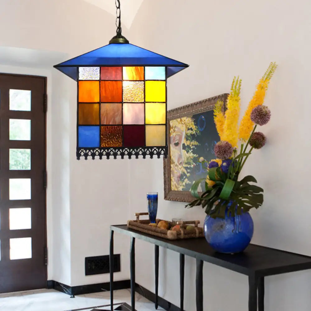 Tiffany-Style Blue Glass Pendant Lamp With Stainless Steel Shade - 6’ And 8’ Width Options /