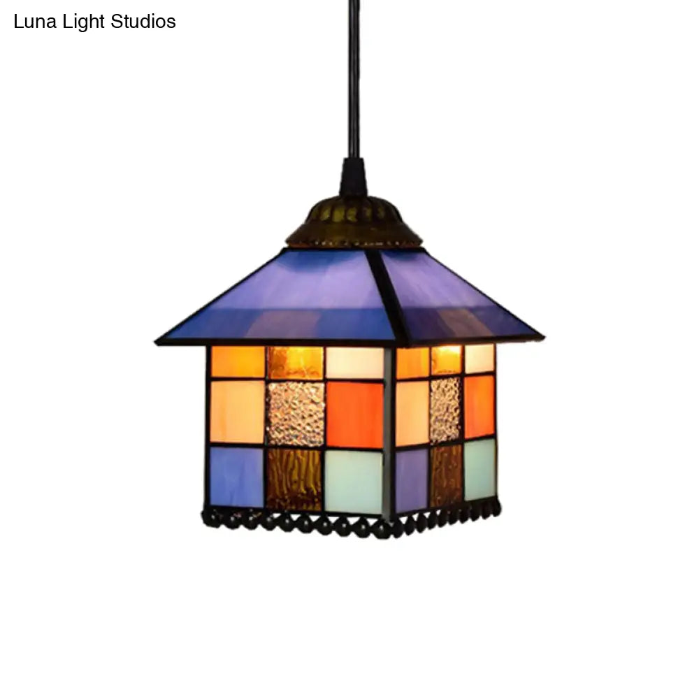Tiffany-Style Blue Glass Pendant Lamp With Stainless Steel Shade - 6’ And 8’ Width Options