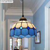 Tiffany Style Blue Scalloped Glass Pendant Light - Single-Bulb Suspension Lamp With Grid Pattern
