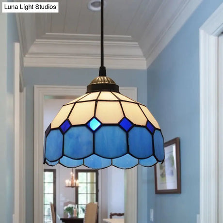 Tiffany Style Blue Scalloped Glass Pendant Light - Single-Bulb Suspension Lamp With Grid Pattern