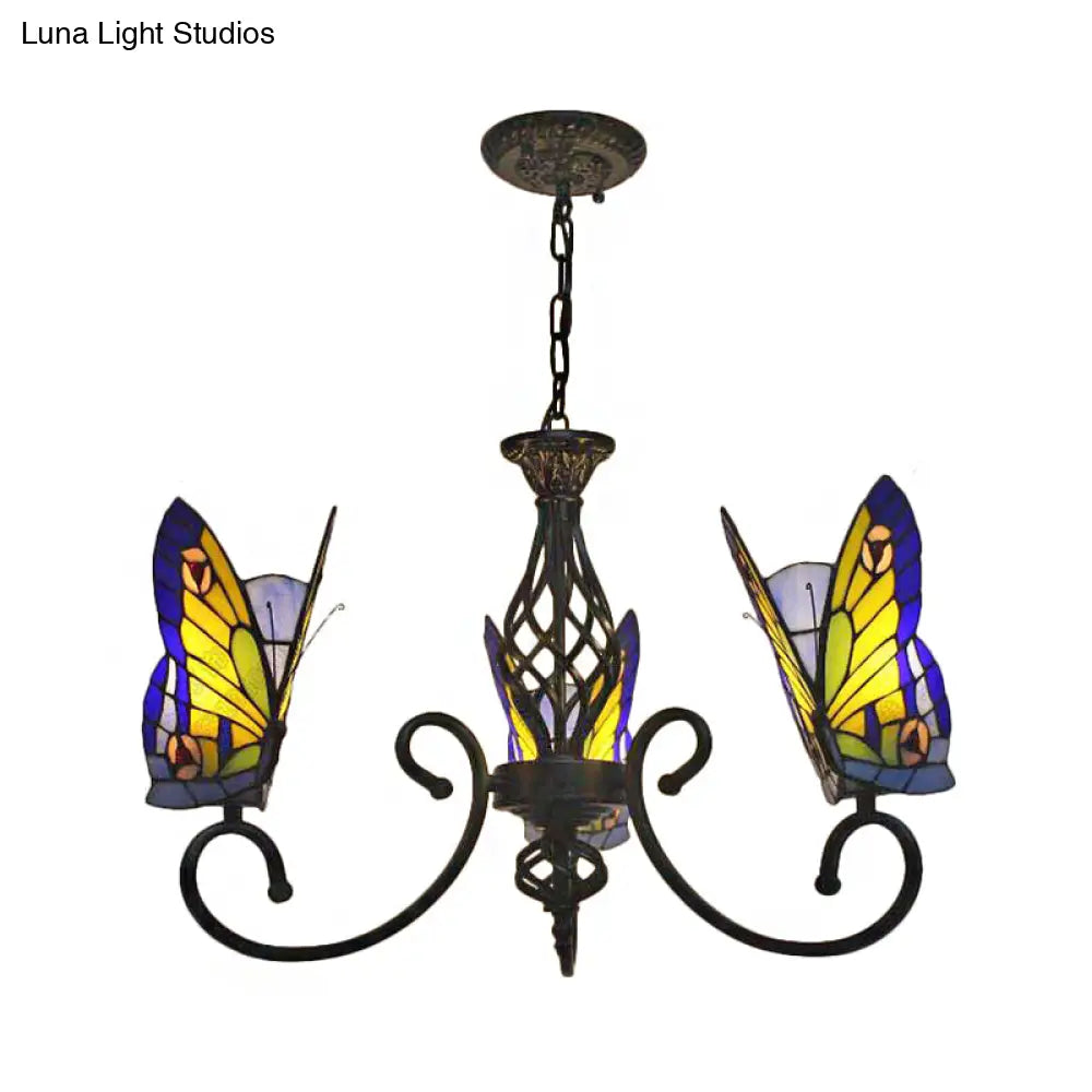 Tiffany-Style Butterfly Chandelier: Stained Glass 3-Light Fixture For Living Room