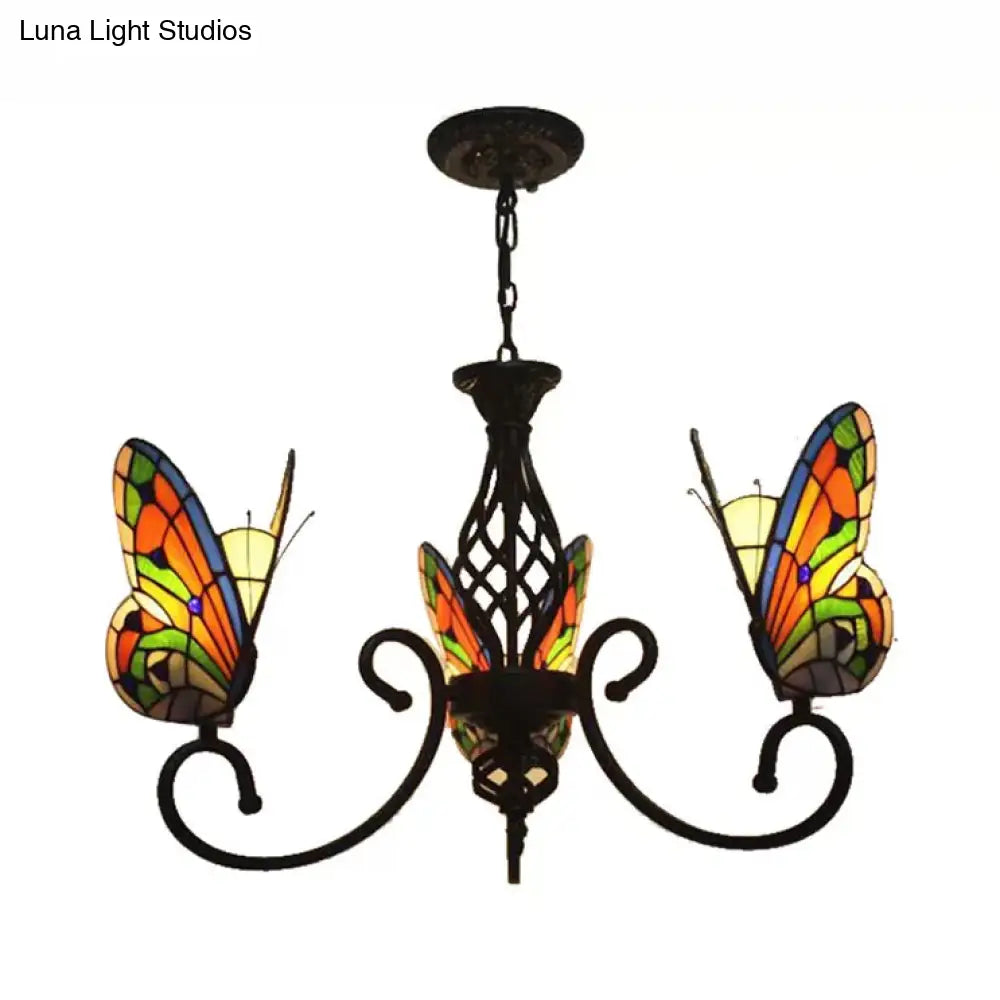 Tiffany-Style Butterfly Chandelier: Stained Glass 3-Light Fixture For Living Room