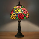 Tiffany-Style Cut Glass Bronze 1-Head Night Table Light With Yellow/Orange/Purple Rose Patterned