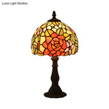 Tiffany-Style Cut Glass Bronze 1-Head Night Table Light With Yellow/Orange/Purple Rose Patterned