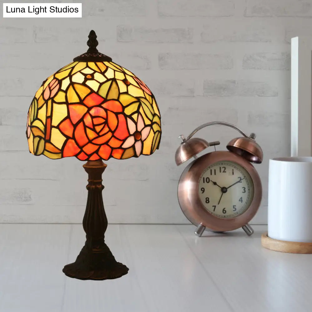 Tiffany-Style Cut Glass Bronze 1-Head Night Table Light With Yellow/Orange/Purple Rose Patterned