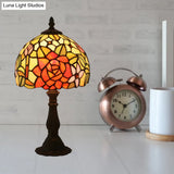 Tiffany-Style Cut Glass Bronze 1-Head Night Table Light With Yellow/Orange/Purple Rose Patterned