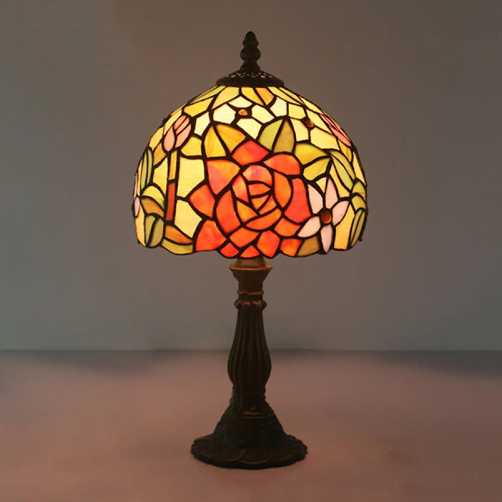 Tiffany-Style Cut Glass Bronze 1-Head Night Table Light With Yellow/Orange/Purple Rose Patterned