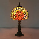 Tiffany-Style Cut Glass Bronze 1-Head Night Table Light With Yellow/Orange/Purple Rose Patterned