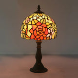 Tiffany-Style Cut Glass Bronze 1-Head Night Table Light With Yellow/Orange/Purple Rose Patterned