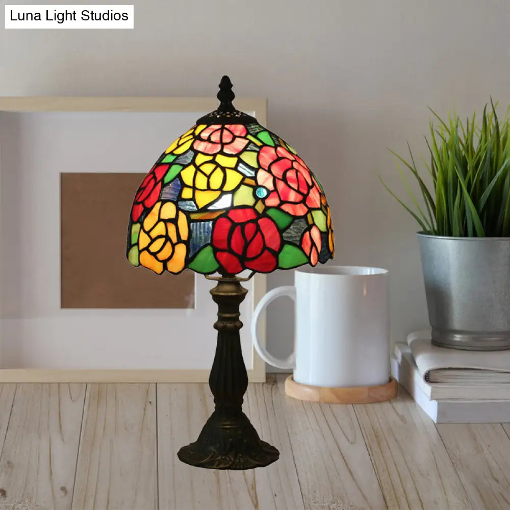 Tiffany-Style Cut Glass Bronze 1-Head Night Table Light With Yellow/Orange/Purple Rose Patterned
