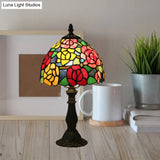 Tiffany-Style Cut Glass Bronze 1-Head Night Table Light With Yellow/Orange/Purple Rose Patterned